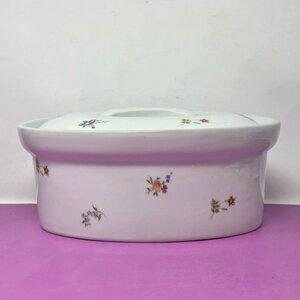 Vintage Floral Cordon Bleu Ceramic Lidded Oval Casserole Dish Hand Decorated